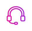 A gradient pink and purple line art icon of a headset with a microphone on a white background.