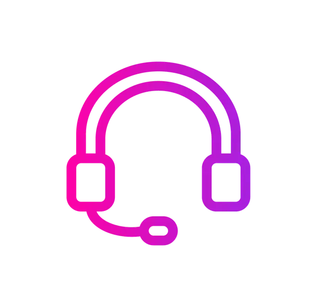 A magenta and purple gradient line icon of headphones with a microphone.