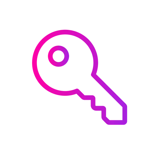 A gradient pink-to-purple outline of a house key on a white background.