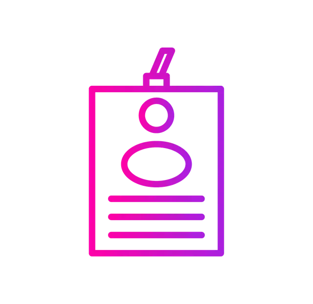 A gradient pink and purple line art icon of an ID badge or name tag with a profile headshot and text lines.