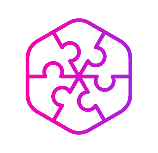 A magenta and violet gradient hexagon composed of four interlocking puzzle pieces on a white background.
