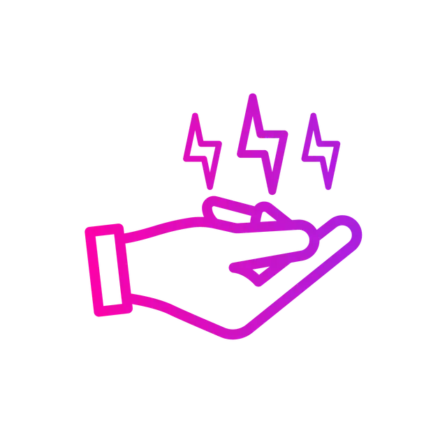 A pink and purple gradient line icon of a hand holding three lightning bolt symbols.
