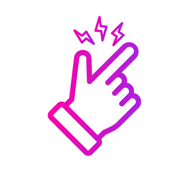 A pink and purple gradient line art icon of a hand making a snapping gesture with three small lightning bolts above it.