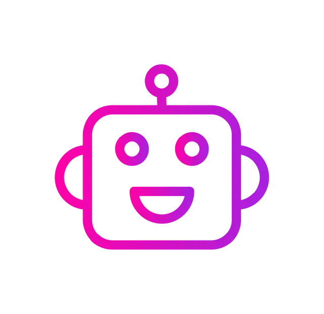 A pink and purple gradient line-art icon of a smiling robot face with an antenna.