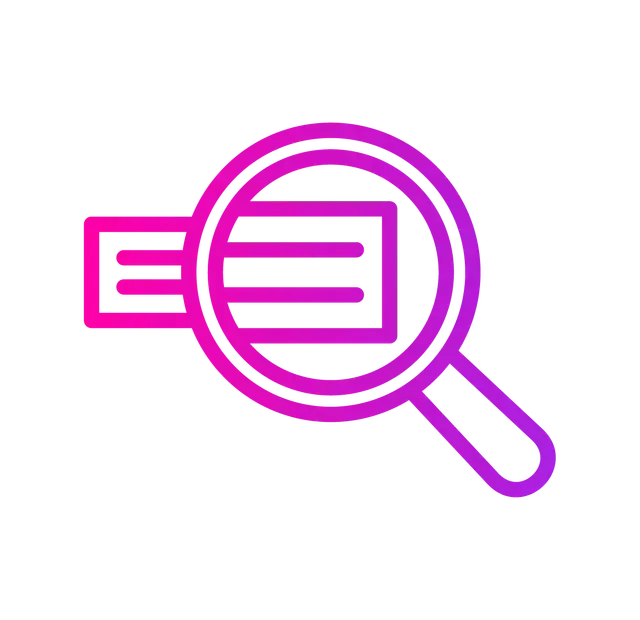 A pink-to-purple gradient line icon of a magnifying glass positioned over a rectangular document with horizontal lines.