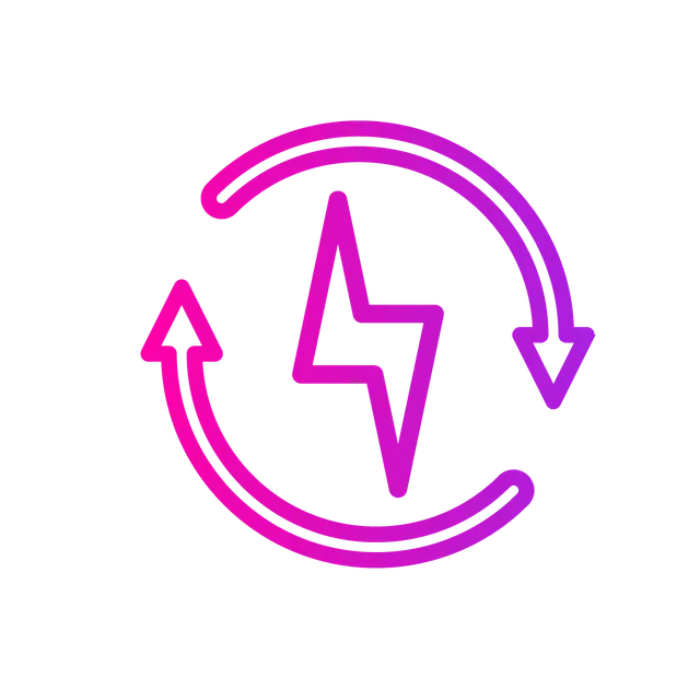 A magenta to purple gradient lightning bolt icon centered inside a circular arrow symbol, representing energy recycling.