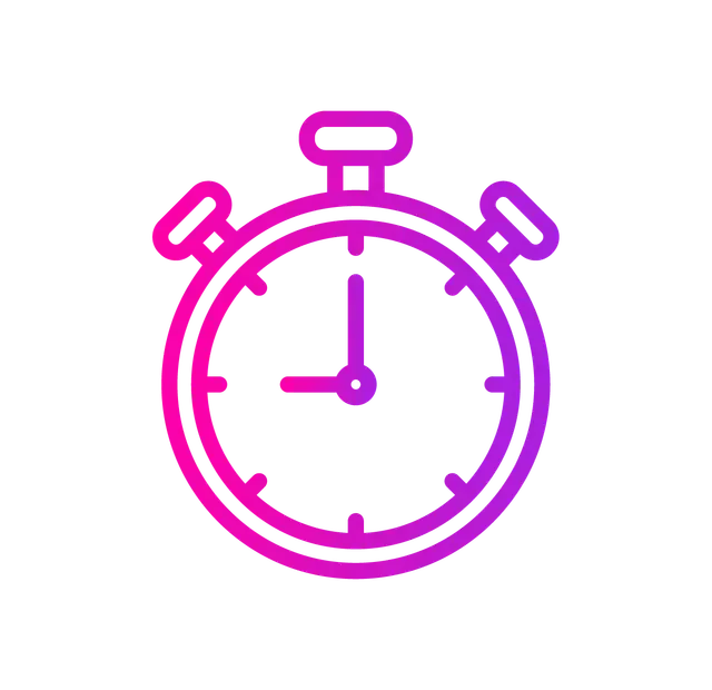 A purple and pink gradient outline icon of a stopwatch showing 9:00.