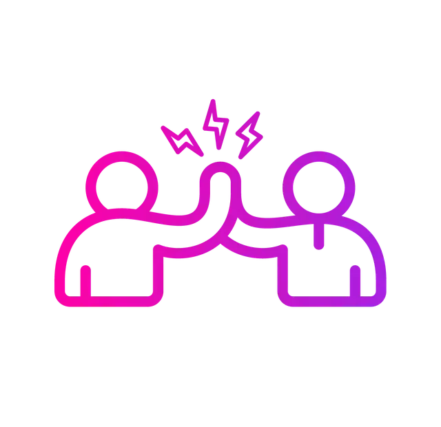 A pink and purple gradient line art icon of two people giving each other a high-five, with lightning bolts above.