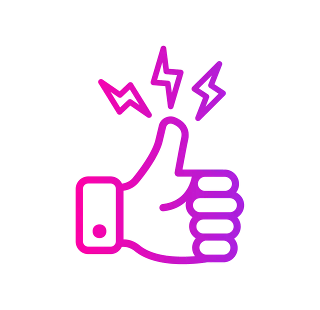 A pink to purple gradient icon of a thumbs-up gesture with three stylized lightning bolts radiating from the thumb.