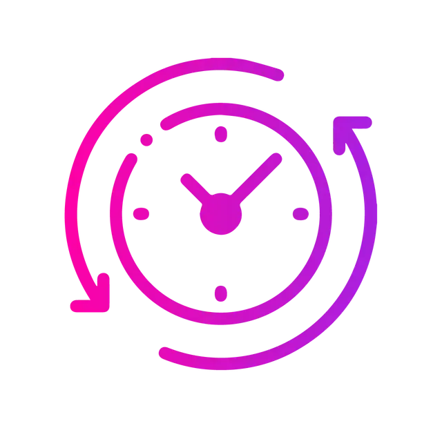 A magenta-to-purple gradient icon of a clock face encircled by two arrows, representing a refresh or history feature.