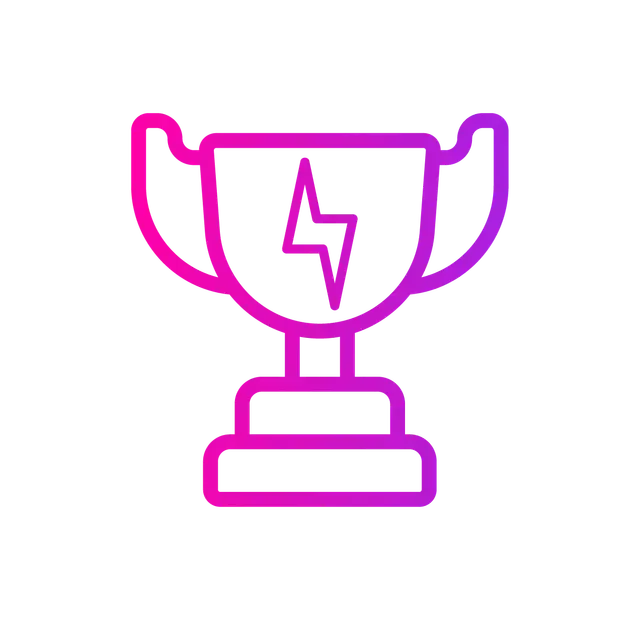 A magenta-to-purple gradient line art icon of a trophy with a lightning bolt symbol in the center.