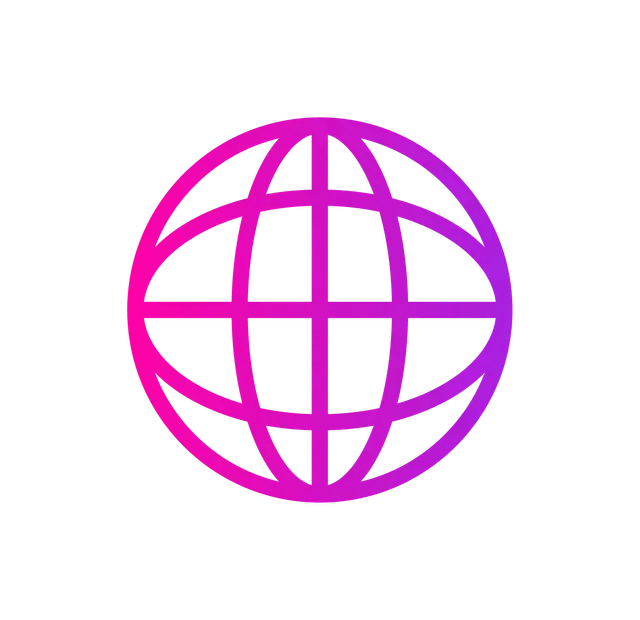 A purple to pink gradient globe icon with a grid line pattern centered on a white background.