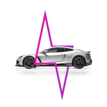 A silver sports car shown in profile, partially obscured by a bright pink and purple lightning bolt graphic.