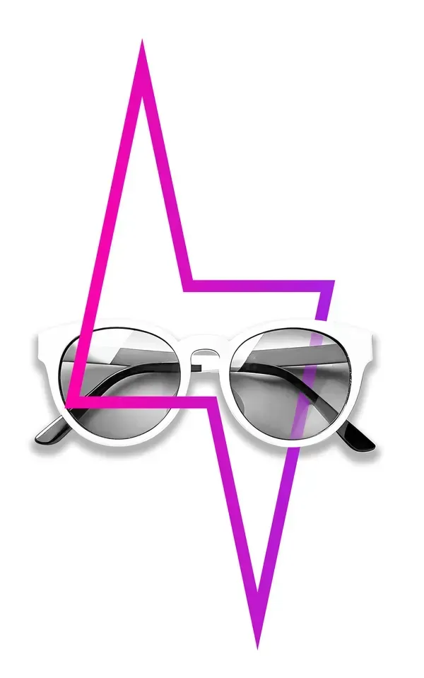 A pair of white-rimmed sunglasses centered in front of a vibrant magenta lightning bolt graphic on a white background.
