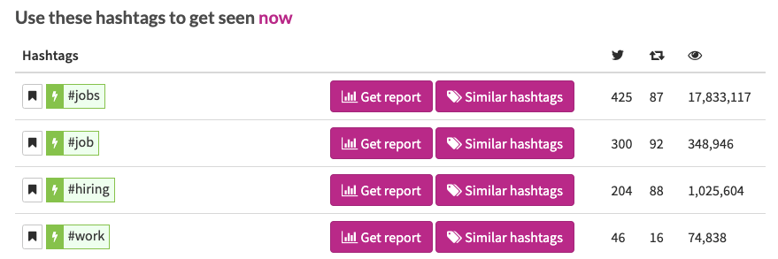 A table listing hashtags (#jobs, #jobs, #hiring, #rec) with buttons to get reports or find similar hashtags and stats.