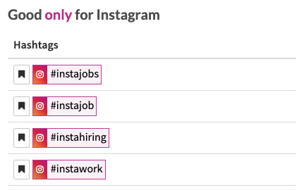A list of Instagram hashtags including #instajobs, #instajob, #instahiring, and #instawork, each with a bookmark icon.