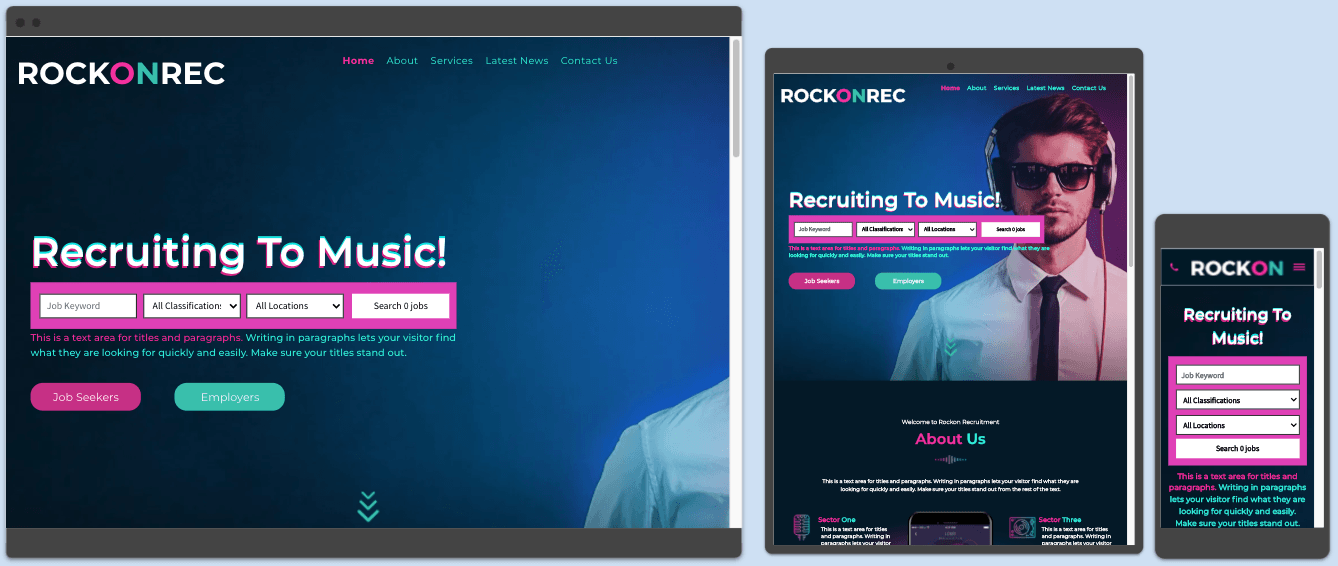 Three website mockups: desktop, tablet, and mobile, displaying recruitment for music, with a person wearing headphones.
