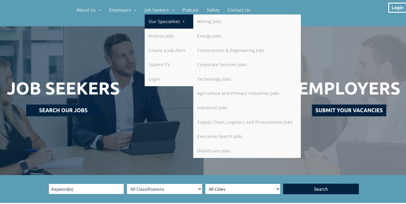 Homepage of a job recruitment website showing a dropdown navigation menu, 