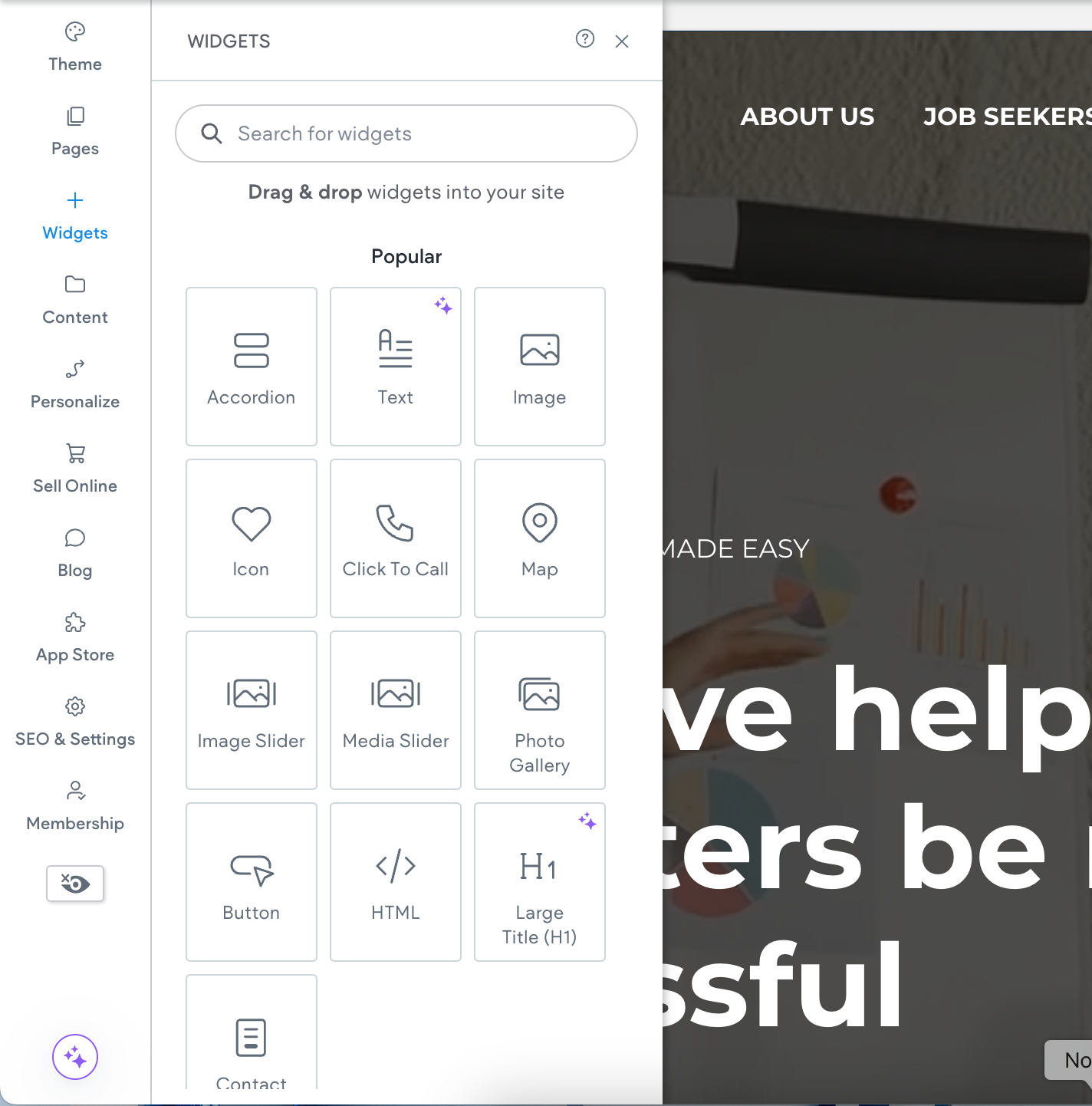 A website builder interface showing a "Widgets" panel with drag-and-drop elements like text, image, and button options.