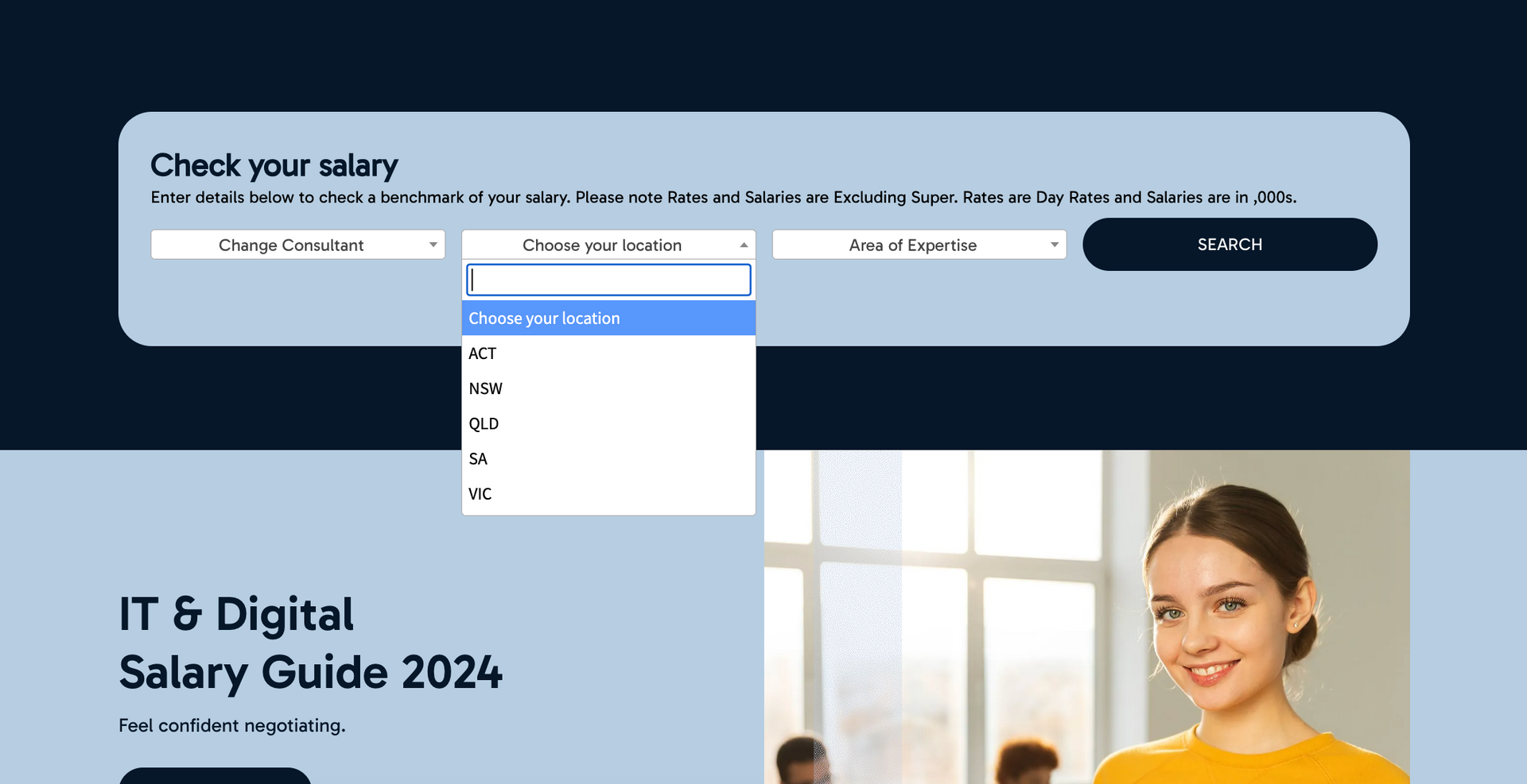 A salary check web tool featuring dropdown menus for role, experience, and location, below a header for a 2024 salary guide.