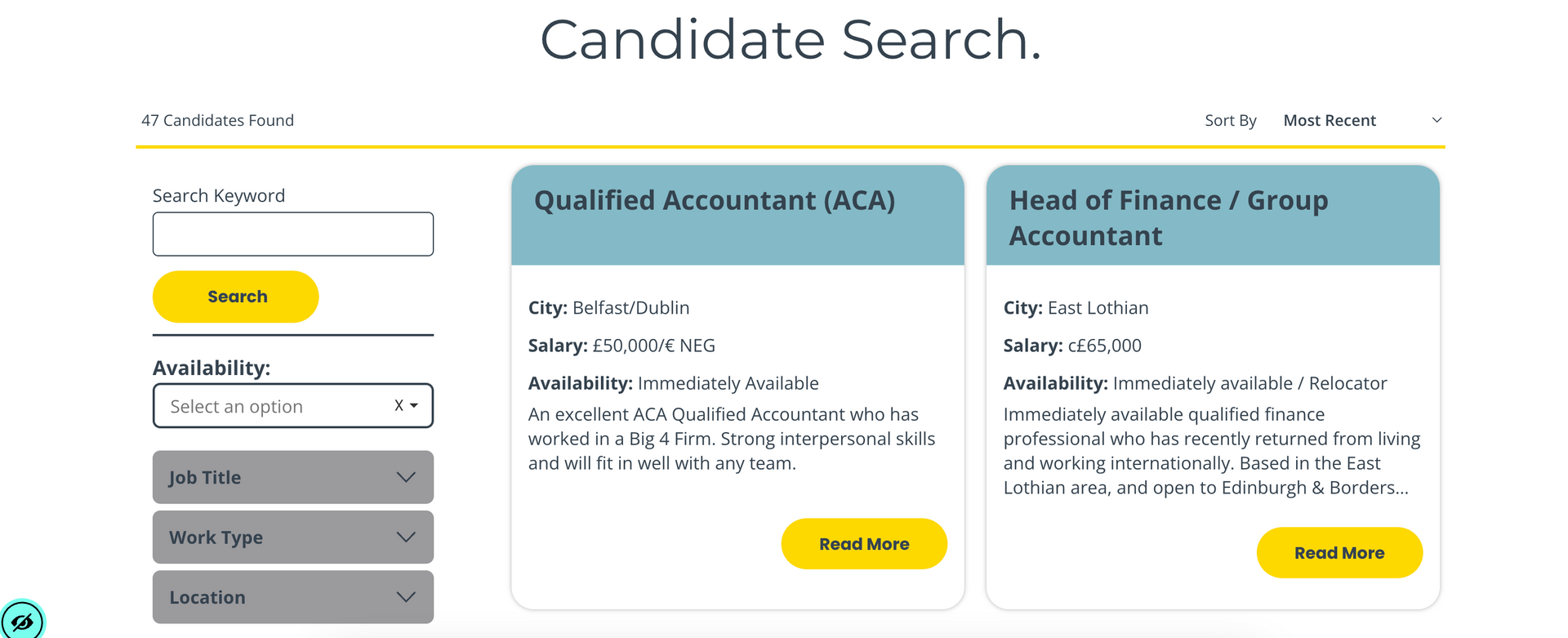Candidate search interface displaying filter options and two job posting cards for an accountant and a head of personnel.