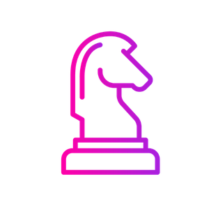 A magenta-to-purple gradient outline of a chess knight piece on a white background.