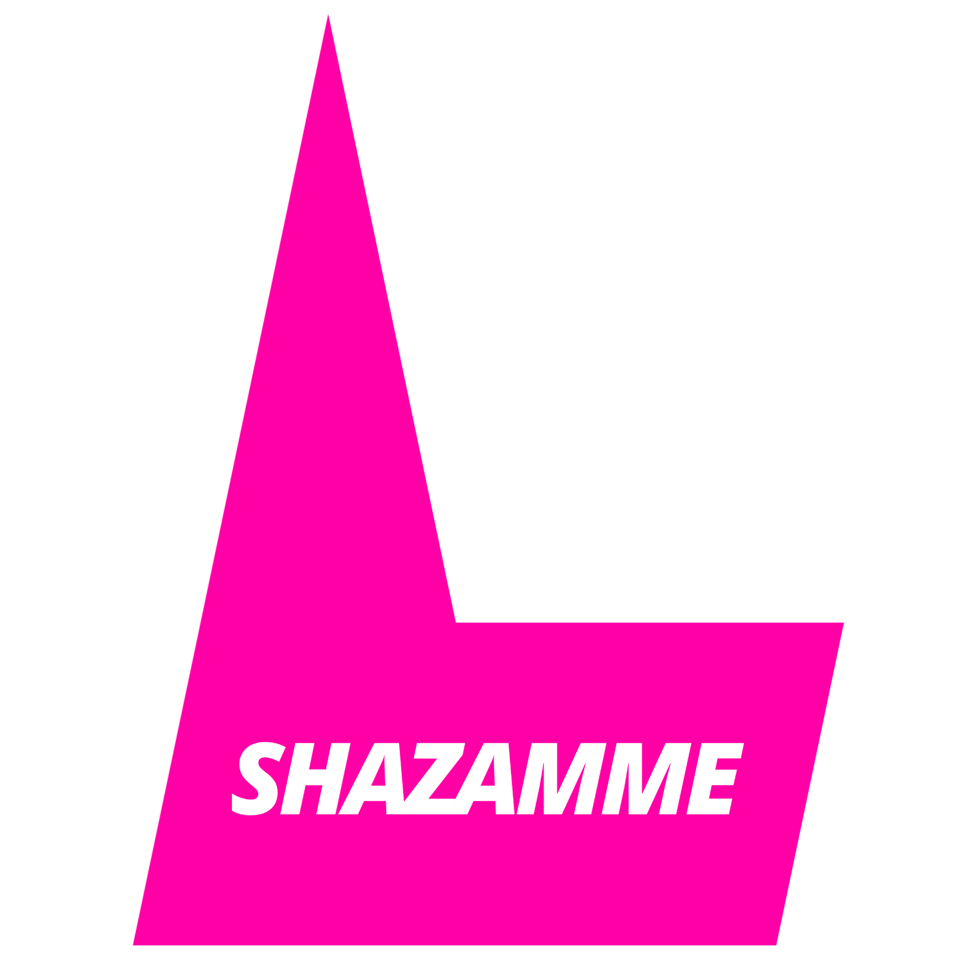 A hot pink, L-shaped abstract graphic with the word 