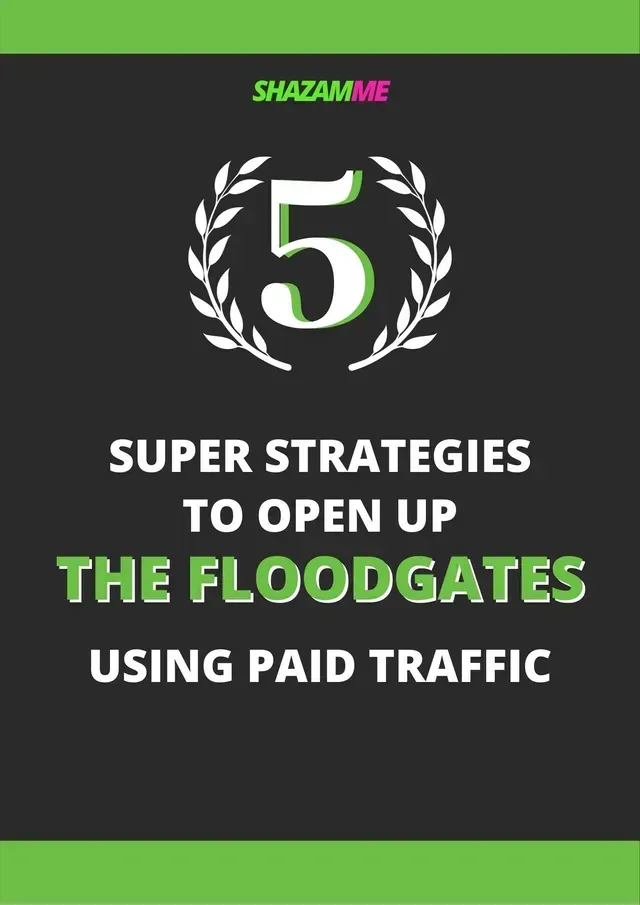A black graphic with a green leaf wreath, large number 5, and text about paid traffic strategies.