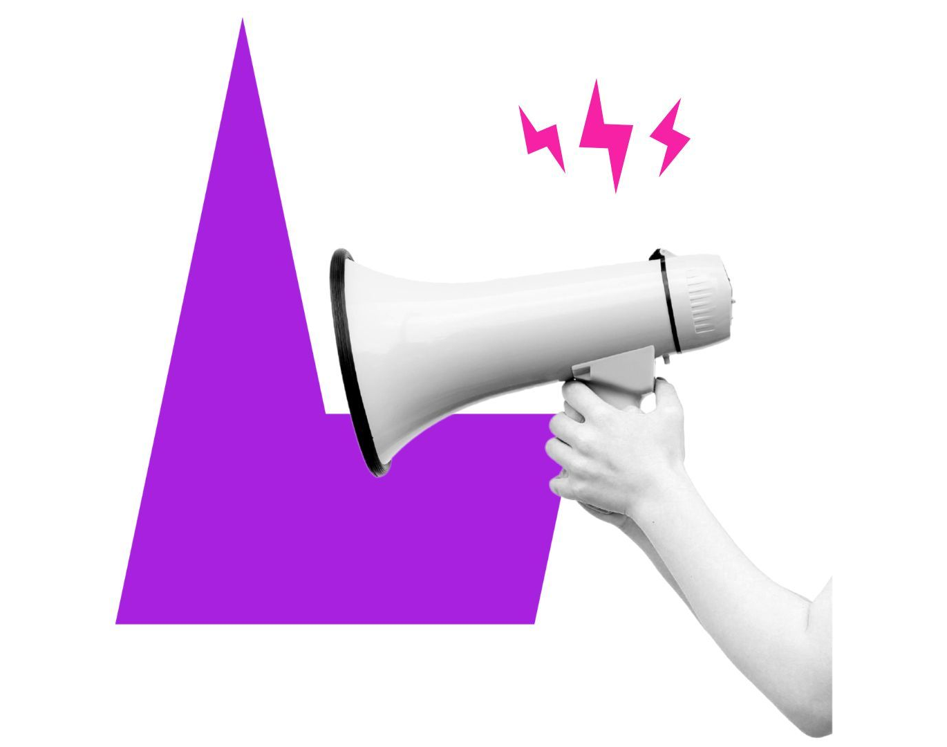 Hand holding a megaphone with pink sound icons over a purple geometric shape