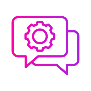 A gradient pink and purple icon of a gear inside two overlapping speech bubbles.
