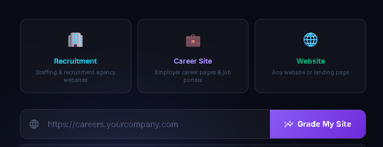 Dark website builder dashboard with template cards and a purple “Create My Site” button