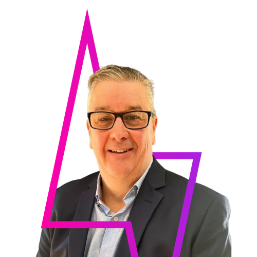 A person wearing glasses and a dark suit jacket over a light shirt, framed by a vibrant pink and purple lightning bolt icon.
