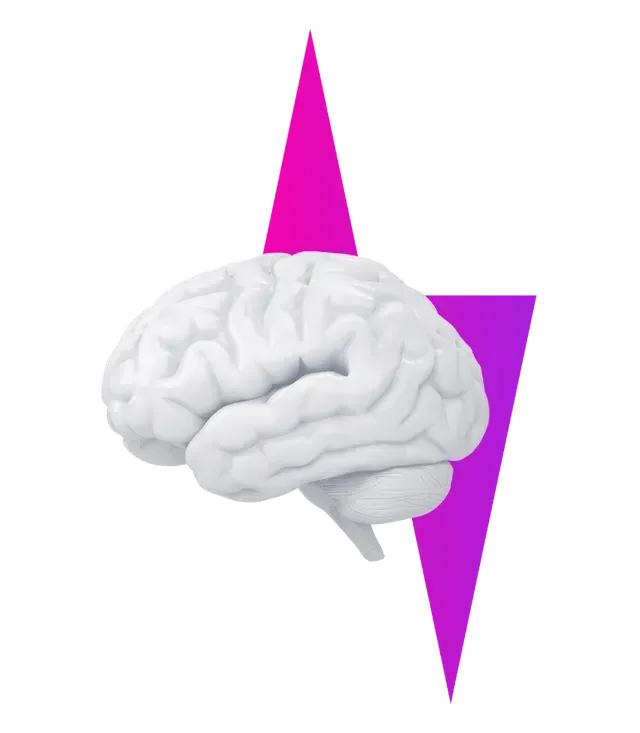 A 3D human brain model superimposed over two overlapping pink and purple triangles.
