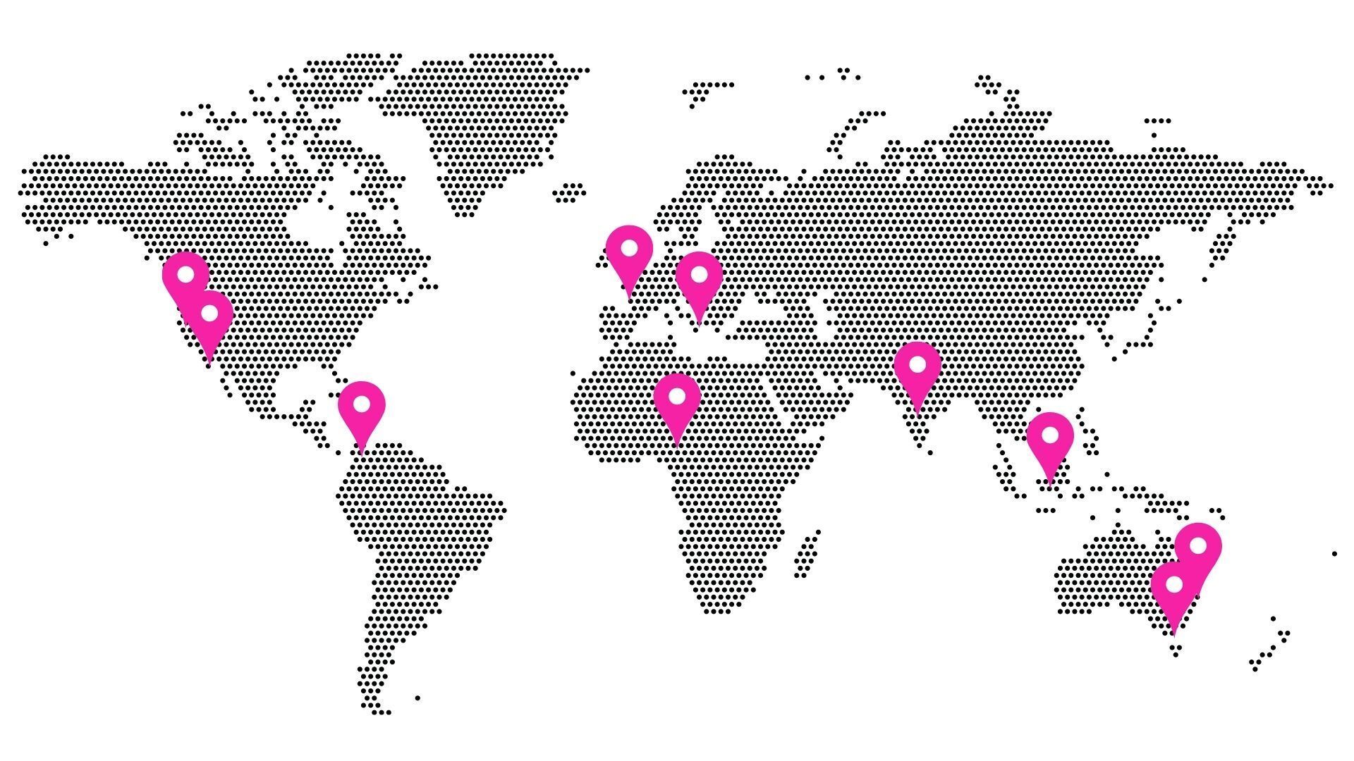 A patterned world map with ten pink location pins marking various spots across North America, Europe, Africa, and Australia.