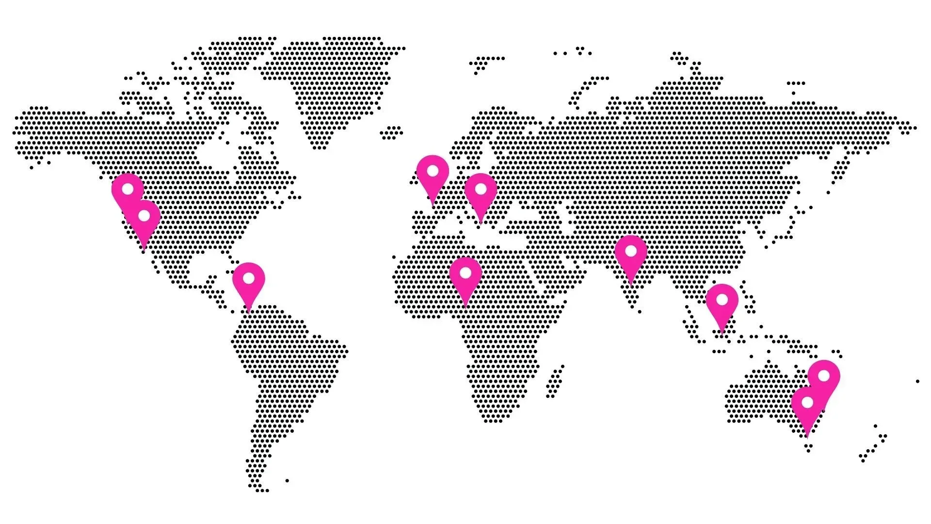 A gray patterned world map featuring several pink location pins scattered across different continents.