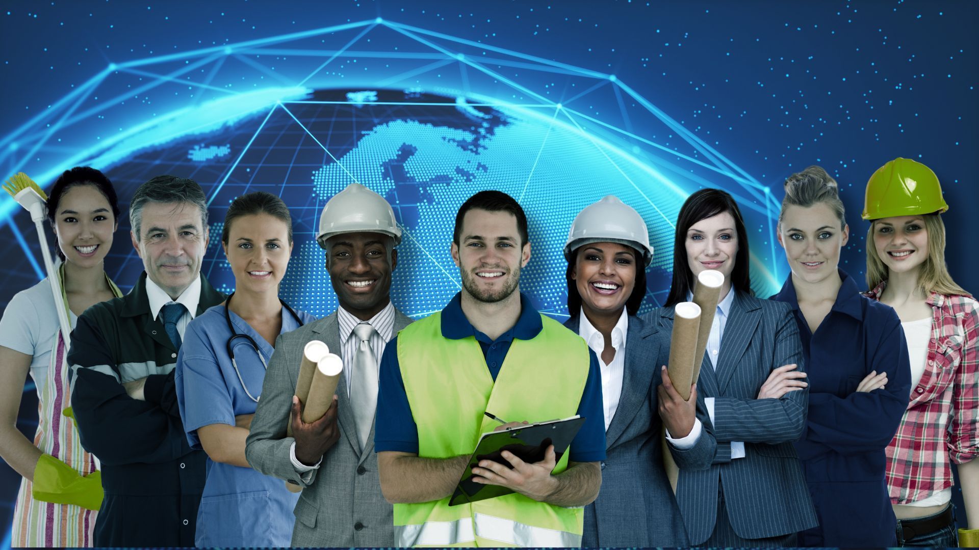 Diverse professionals in varied work attire, including hard hats and uniforms, stand together before a global network graphic.