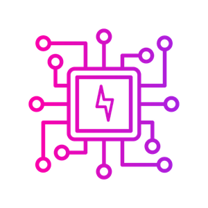 A magenta-to-purple gradient icon of a central computer chip with a lightning bolt, surrounded by circuit-like nodes.