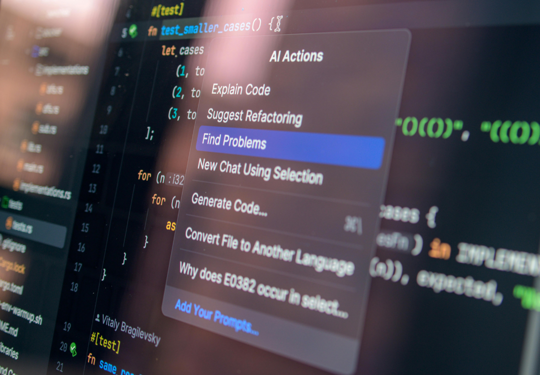 A computer screen showing code in an integrated development environment with an AI assistant menu overlaid.