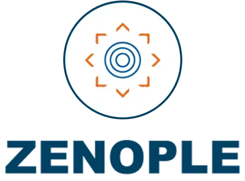 The Zenople logo, featuring a blue circular emblem with an orange geometric sun-like icon, above the text 