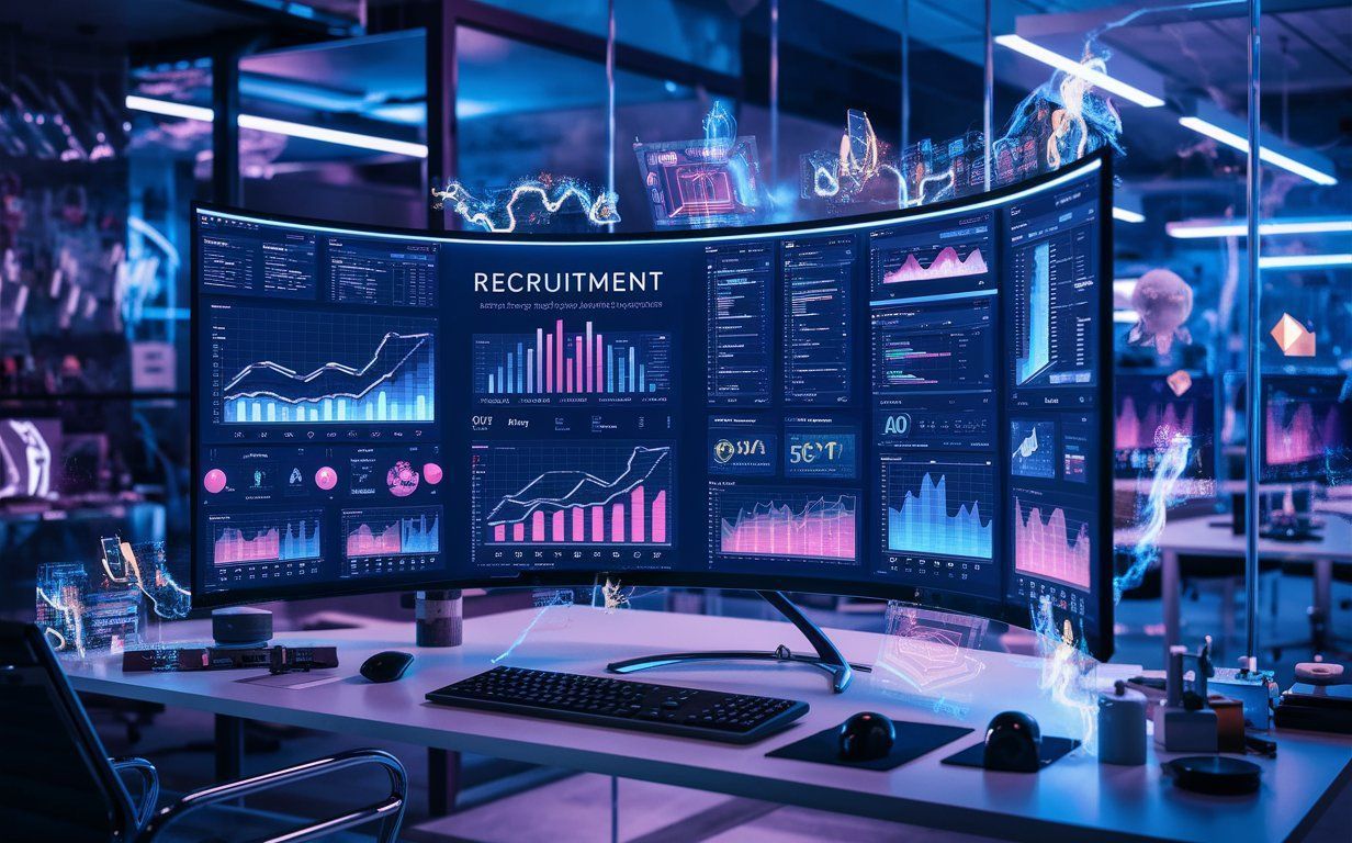 A curved monitor displays recruitment analytics dashboards with glowing blue and pink charts in a modern, dark office.