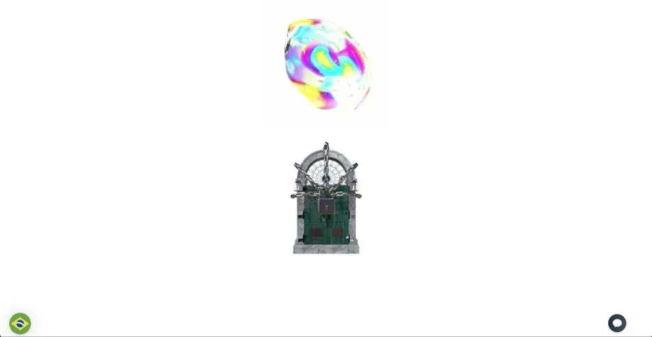 An ornate, arched stone doorway with a dark metal gate sits below a floating, iridescent soap bubble against a white background.