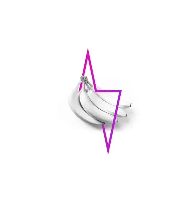 A bunch of white bananas set against a stylized, purple lightning bolt outline on a plain white background.