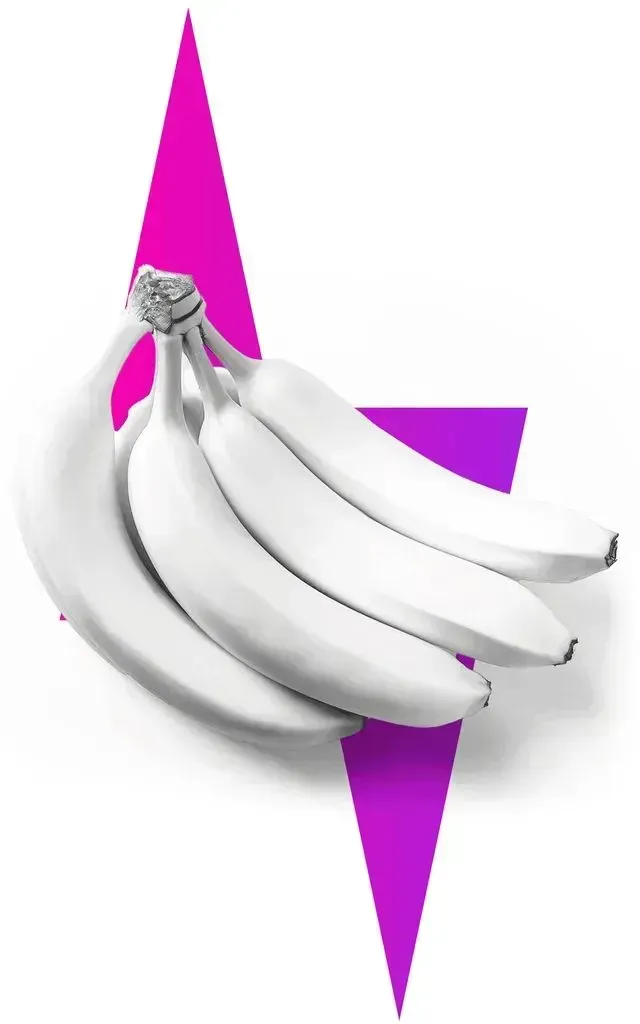 A bunch of white bananas centered in front of a bright purple lightning bolt shape.