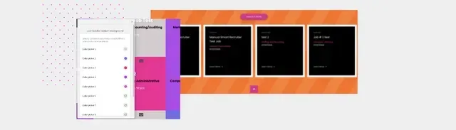 A sidebar menu overlays a bright orange screen displaying four card-style modules with text and buttons.