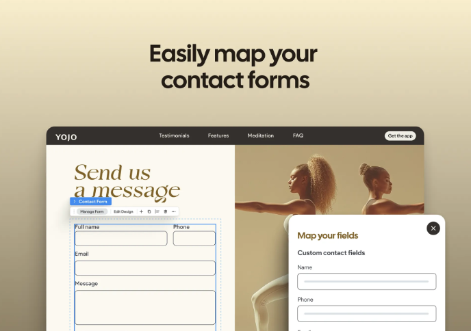 A web interface display illustrating the mapping of contact form fields, showing a form alongside a settings menu.