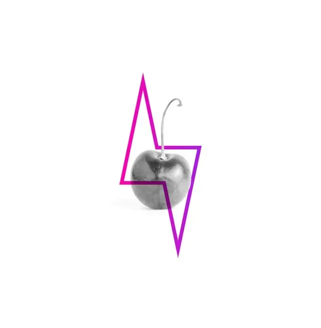 A black and white cherry centered over a vibrant pink and purple lightning bolt icon on a white background.
