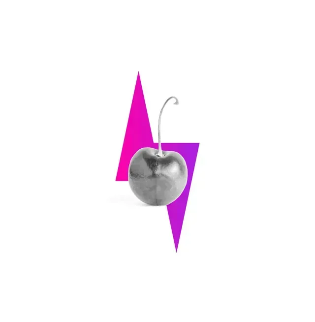 A black and white cherry centered over a bright pink and purple jagged lightning bolt shape on a white background.