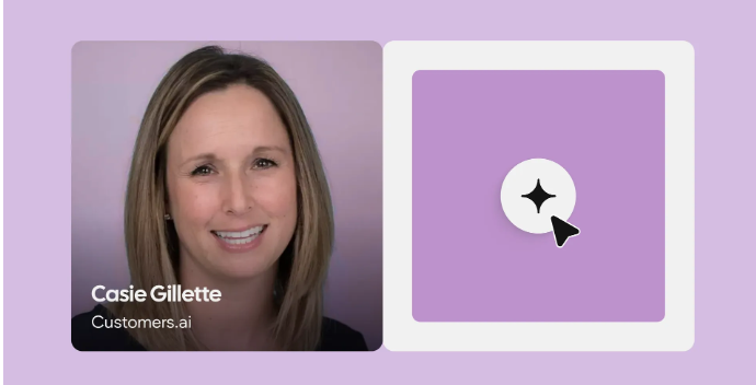 A headshot of Casie Gillette next to a white square icon with a purple sparkle and a mouse cursor pointer.