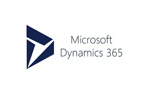 Microsoft Dynamics 365 logo with a blue geometric shape and text on a white background.