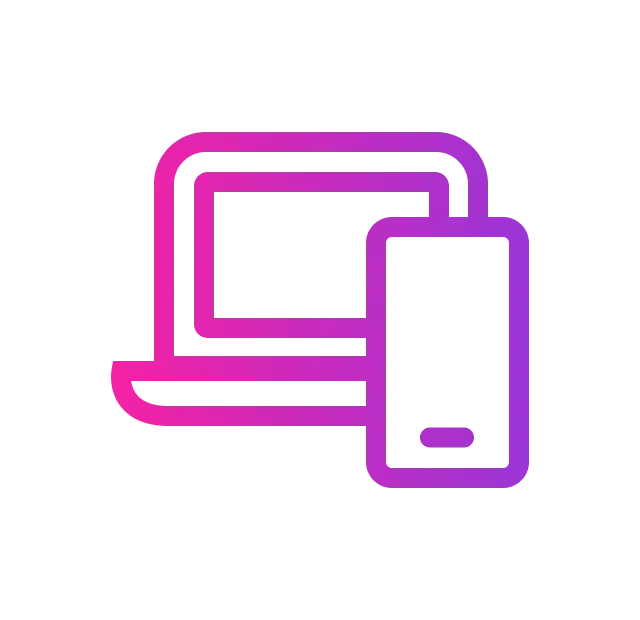 A purple-to-pink gradient icon featuring a laptop computer and a smartphone side-by-side.